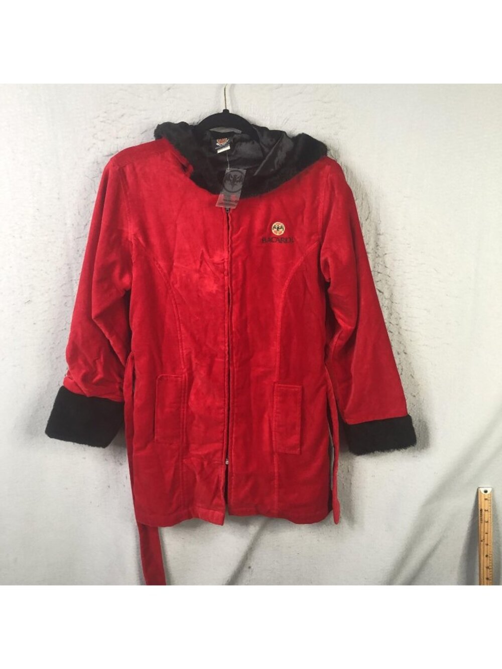Vintage Y2K Coat Womens S Red Velour Hooded Belted Fur Trim Bacardi Mobwife NEW